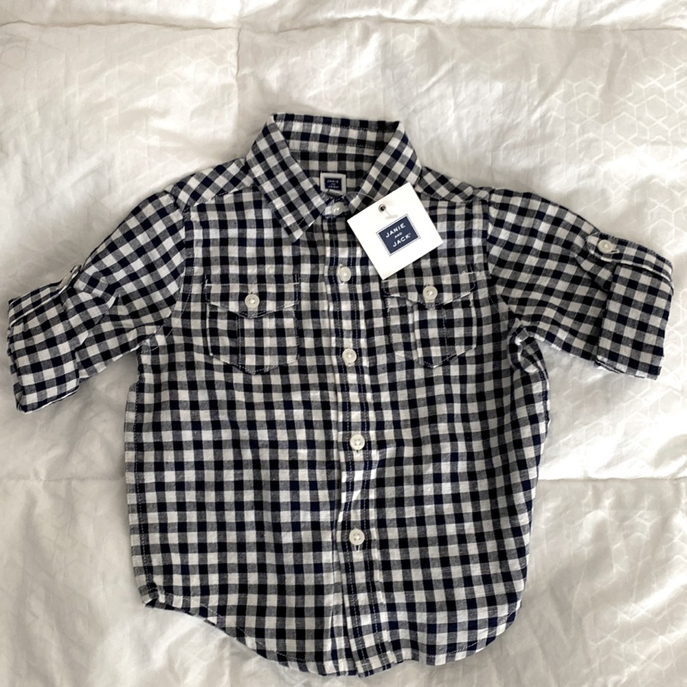 Janie and Jack navy rolled sleeve gingham linen shirt; 6-12 months
